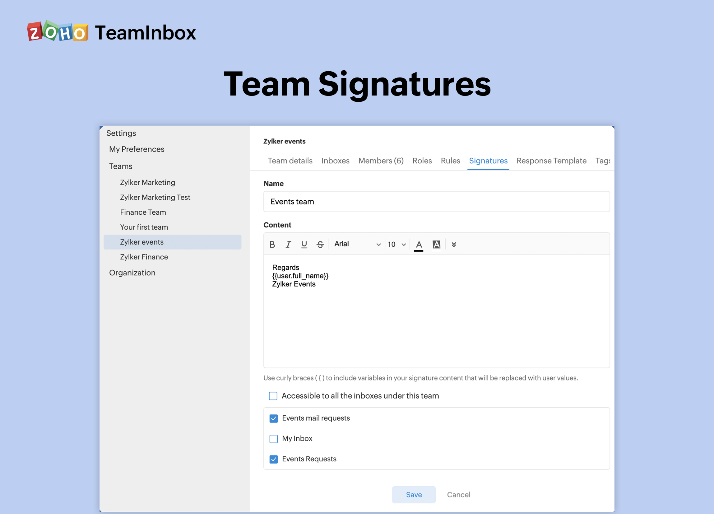 screenshot of Zoho TeamInbox